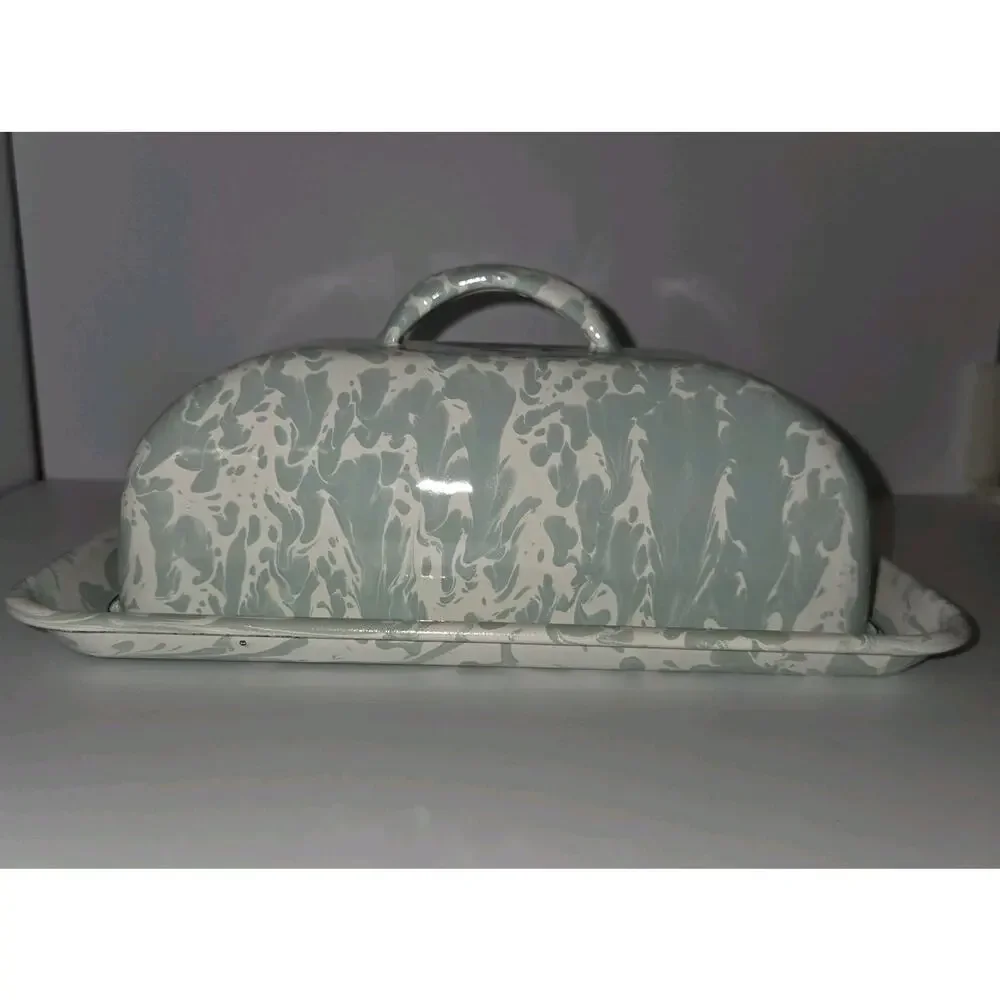 Creative Co-Op Mint Green Splatterware Enamel Covered Butter Dish Farmhouse